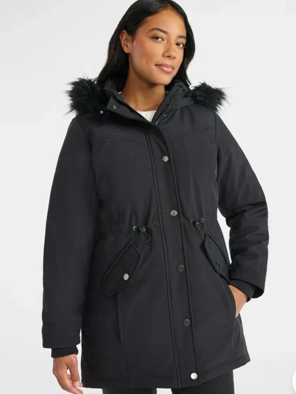 Time and Tru Black Faux-Fur Hooded Parka Coat